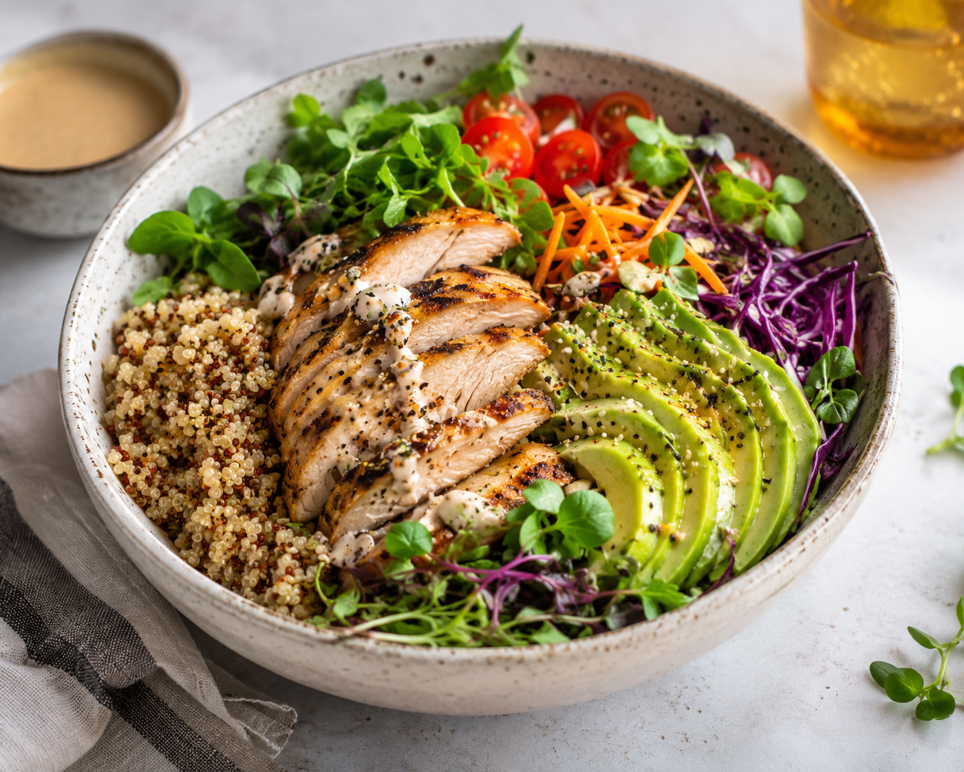 Plato saludable con pollo, quinoa, aguacate y vegetales frescos, parte de la propuesta de alimentación personalizada de Saint Patrick